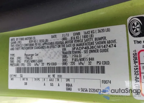 2012 Ford Fiesta Se z USA, uszkodzony, nr VIN 3FADP4BJ8CM147474